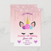 Glitter Floral Unicorn Birthday uitdrogen Kaart (Voorkant / Achterkant)