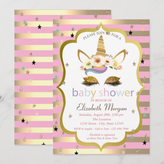 Glitter Floral Unicorn, Stripe Baby shower Kaart (Voorkant / Achterkant)