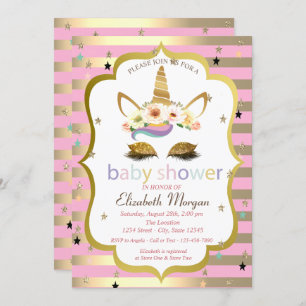 Glitter Floral Unicorn, Stripe Baby shower Kaart