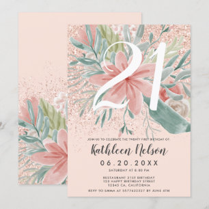 Glitter floral waterverf blush roze 21st verjaarda kaart