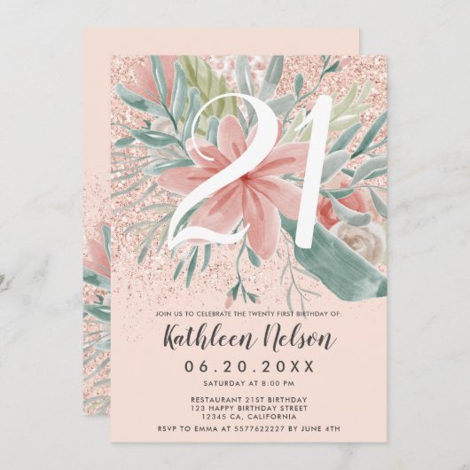 Glitter floral waterverf blush roze 21ste verjaard kaart (Voorkant / Achterkant)