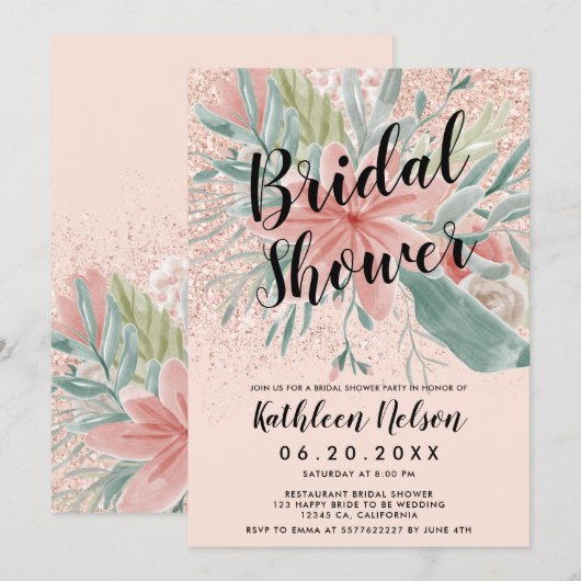 Glitter floral waterverf blush roze vrijgezellenfe kaart (Voorkant / Achterkant)