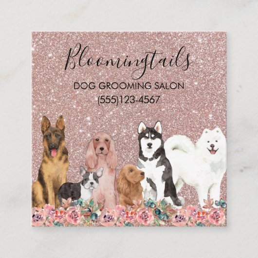 Glitter Floral Waterverf Dogs Grooming Service Vierkante Visitekaartje (Voorkant)