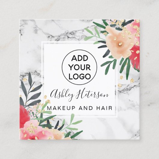 Glitter floral waterverf marble logo hair make-up vierkante visitekaartje (Voorkant)