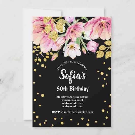 glitter florale verjaardagsfeest uitnodiging , gou (Voorkant)