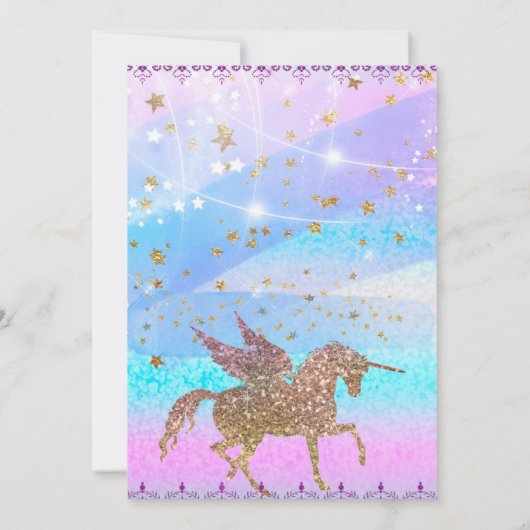 Glitter Flying Unicorn Magical Birthday Party Kaart (Achterkant)