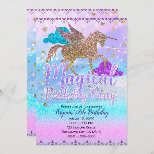 Glitter Flying Unicorn Magical Birthday Party Kaart (Voorkant / Achterkant)