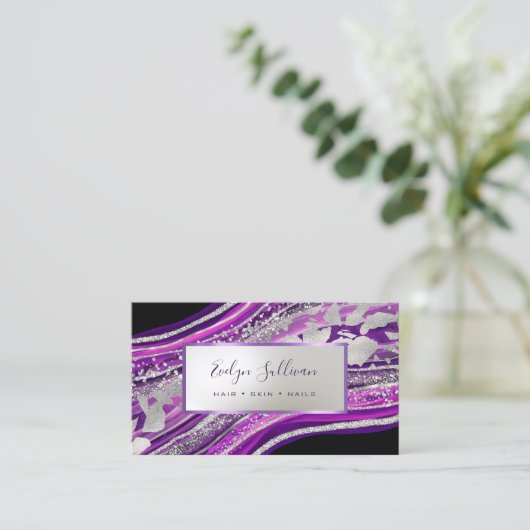 Glitter folie geode op zwart visitekaartje (Staand voorkant)