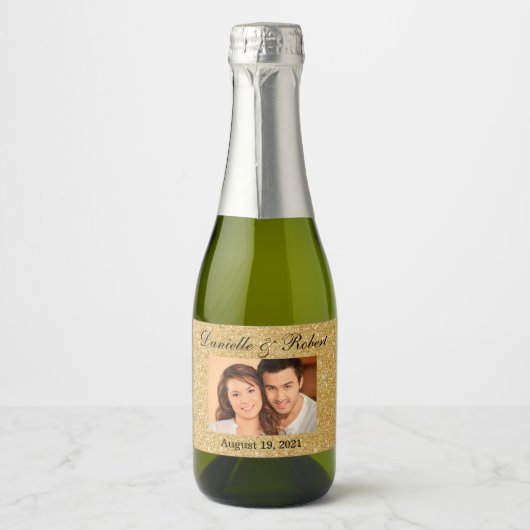 Glitter Foto Bruiloft Mini Mousserende Wijn Favor  Sparkling Wijnetiket (Voorkant)
