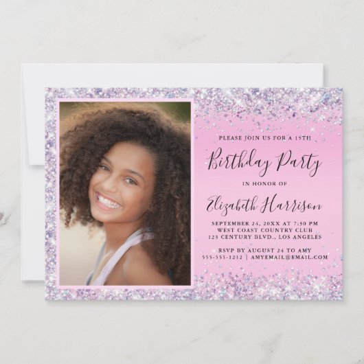 Glitter Foto roze 15th Birthday Party Invitation Kaart (Voorkant)