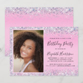 Glitter Foto roze 15th Birthday Party Invitation Kaart (Voorkant / Achterkant)