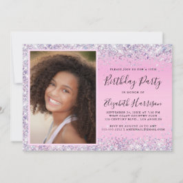 Glitter Foto roze 15th Birthday Party Invitation Kaart
