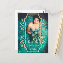 Glitter Foto Zwart Goud Quinceañera Verjaardag Briefkaart