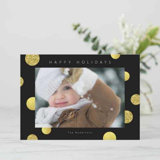 Glitter-fotokaart voor feestdagen - Golden Stippen Feestdagenkaart (Staand voorkant)