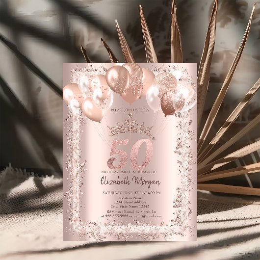Glitter Frame, Kroon, Ballonnen 50e Verjaardag Kaart