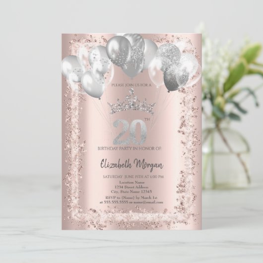 Glitter Frame,Silver Crown,Balloons 20th Birthday Kaart (Staand voorkant)