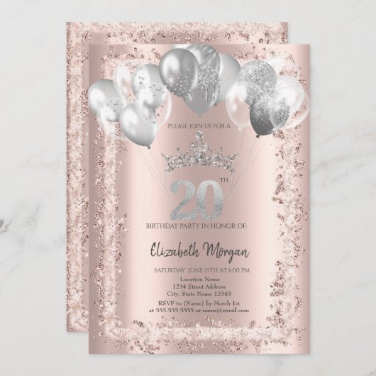 Glitter Frame,Silver Crown,Balloons 20th Birthday Kaart (Voorkant / Achterkant)