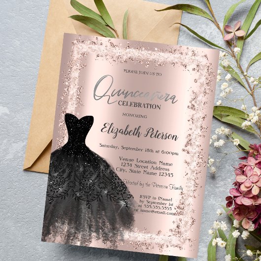 Glitter Frame, Zwarte jurk Roze goud 15e verjaarda Kaart