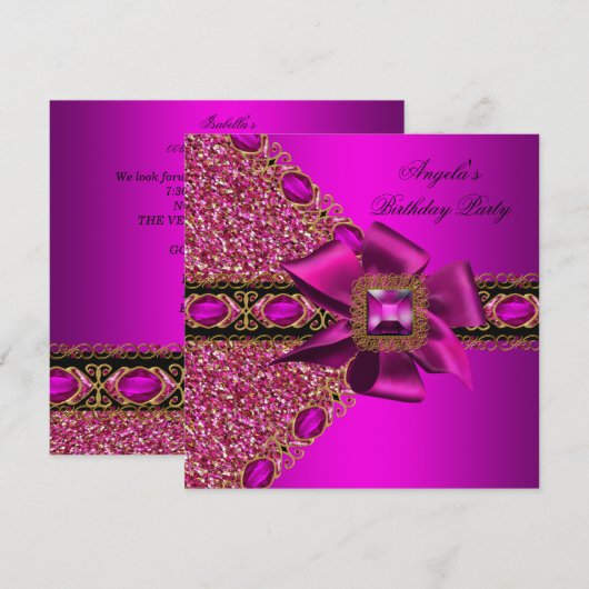 Glitter Fuchsia Pink Jewel Birthday Party Kaart (Voorkant / Achterkant)