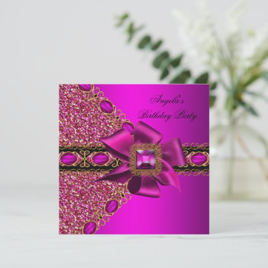Glitter Fuchsia Pink Jewel Birthday Party Kaart (Staand voorkant)