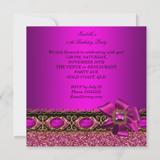 Glitter Fuchsia Pink Jewel Birthday Party Kaart (Achterkant)