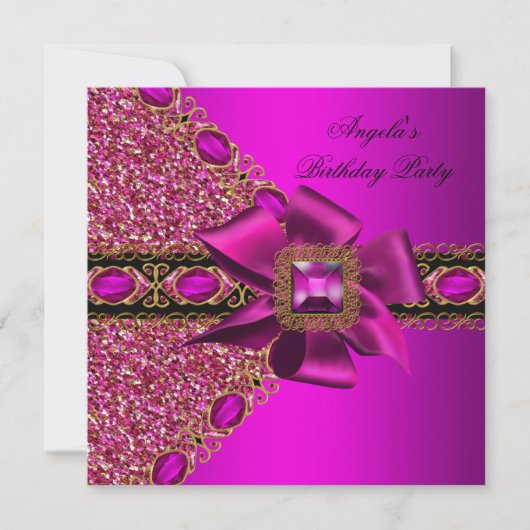 Glitter Fuchsia Pink Jewel Birthday Party Kaart (Voorkant)