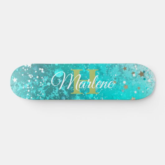 Glitter Girly Blauwgroen Mermaid Monogram Name Fan Persoonlijk Skateboard (Horizontaal)