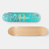 Glitter Girly Blauwgroen Mermaid Monogram Name Fan Persoonlijk Skateboard (Horizontaal)