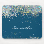 Glitter Girly Custom Name Muismat<br><div class="desc">Faux zilversparkle glitter met aangepaste naamoptie. Fun girly en trendy design. Vun kantoor. Blauwe achtergrond.</div>