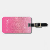 Glitter Girly Sparkly Roos Pink Script Name Bagagelabel (Voorkant horizontaal)