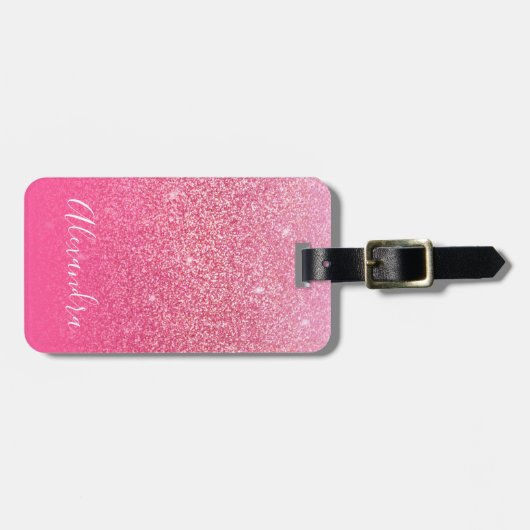 Glitter Girly Sparkly Roos Pink Script Name Bagagelabel (Voorkant horizontaal)