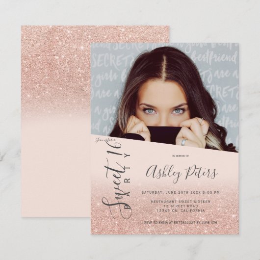 Glitter girly typografie blush foto Sweet 16 Kaart (Voorkant / Achterkant)