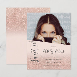 Glitter girly typografie blush foto Sweet 16 Kaart
