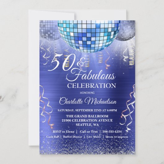 Glitter Glam 50 en Fabulous Blue Disco Ball Kaart (Voorkant)