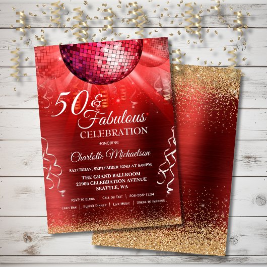 Glitter Glam 50 en Fabulous Red Disco Ball Kaart