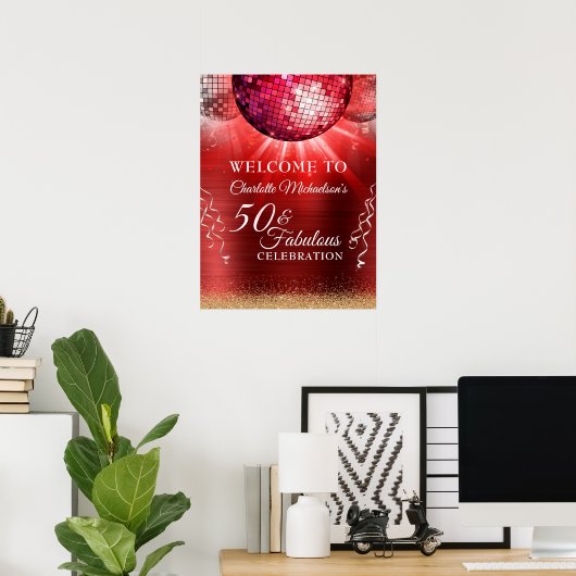 Glitter Glam 50 & Fabulous Red Disco Ball Poster (Thuiskantoor)