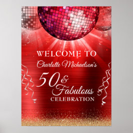 Glitter Glam 50 & Fabulous Red Disco Ball Poster
