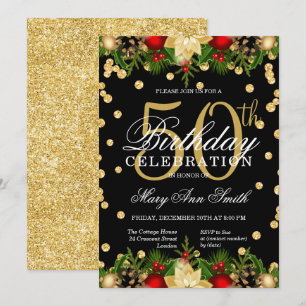 Glitter Glam 50th Birthday - gouden en rode feestd Kaart