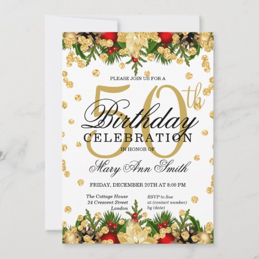 Glitter Glam 50th Birthday - gouden en rode feestd Kaart (Voorkant)