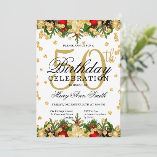 Glitter Glam 50th Birthday - gouden en rode feestd Kaart (Staand voorkant)