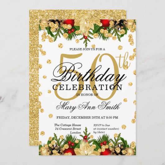 Glitter Glam 50th Birthday - gouden en rode feestd Kaart (Voorkant / Achterkant)