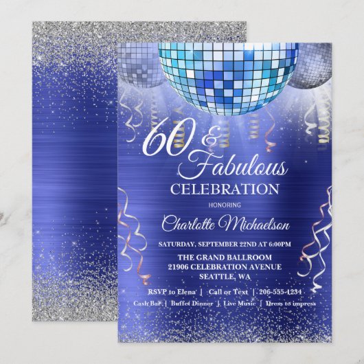 Glitter Glam 60th Verjaardag Blauwe Disco Bal Kaart (Voorkant / Achterkant)