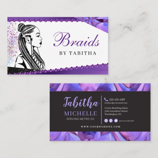 Glitter Glam Abstract Modern Hair Braiding Salon B Visitekaartje (Voorkant / Achterkant)