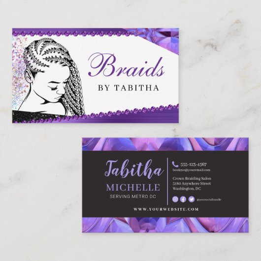 Glitter Glam Abstract Modern Hair Braiding Salon B Visitekaartje (Voorkant / Achterkant)