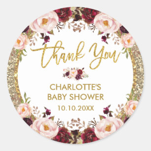 Glitter Glam Bourgondië Blush Bloemen Baby Shower Ronde Sticker