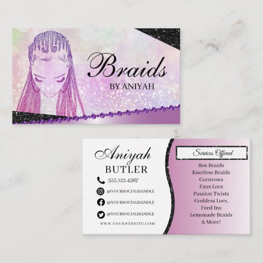 Glitter Glam Modern Hair Braiding Salon Visitekaartje (Voorkant / Achterkant)