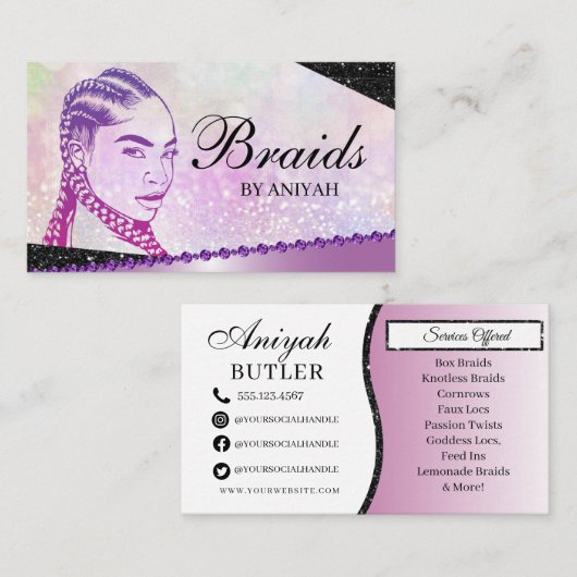 Glitter Glam Modern Hair Braiding Salon Visitekaartje (Voorkant / Achterkant)