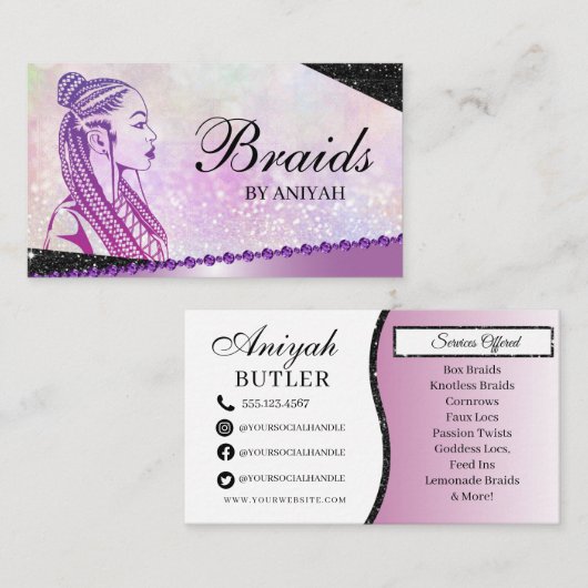 Glitter Glam Modern Hair Braiding Salon Visitekaartje (Voorkant / Achterkant)