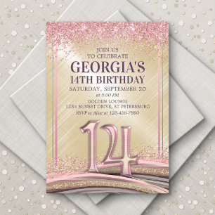 Glitter Glam Roos Goud 14e Verjaardagsuitnodiging Kaart