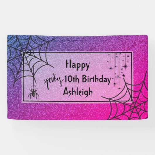 Glitter Glam Roze Paarse Spider Halloween Verjaard Spandoek (Horizontaal)
